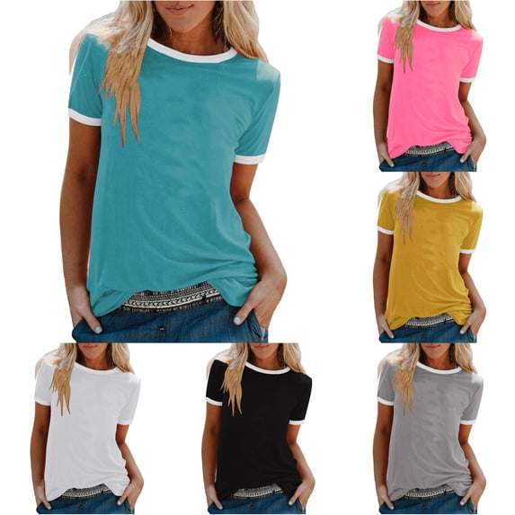 XIAONU Womens Ringer T Shirt Short Sleeve Crew Neck Everyday Summer Basic Top