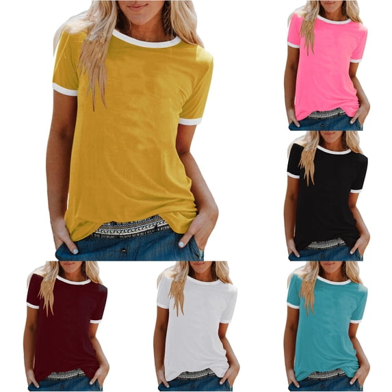 XIAONU Womens Ringer T Shirt Short Sleeve Crew Neck Everyday Summer Basic Top