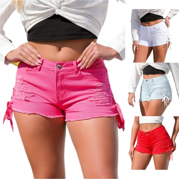 XIAONU Womens Ripped Denim Shorts Frayed Hem Side Ties Daily Wear Shorts
