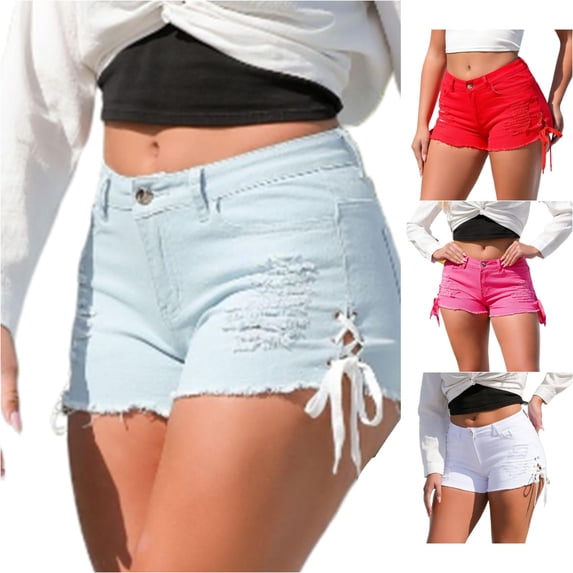 XIAONU Womens Ripped Denim Shorts Frayed Hem Side Ties Daily Wear Shorts