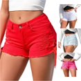 thumbnail image 1 of XIAONU Womens Ripped Denim Shorts Frayed Hem Side Ties Daily Wear Shorts, 1 of 5