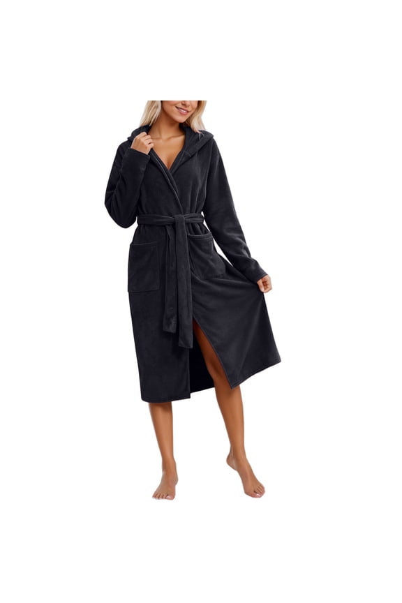 Womens Robe Hooded Plush Bathrobe With Belt And Pockets Warm Cozy Practical Loungewear