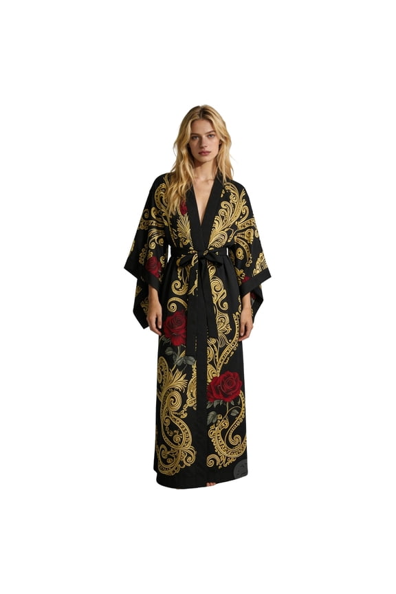 Womens Romantic Floral Print Kimono Robe Belted Floor Length Wrap Dressing Gown