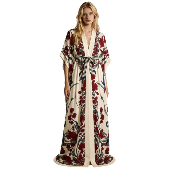 XIAONU Womens Romantic Floral Print Kimono Robe Belted Floor Length Wrap Dressing Gown
