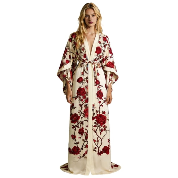 XIAONU Womens Rose Print Belted Maxi Robe Long Sleeve Soft Loungewear Home Sleepwear