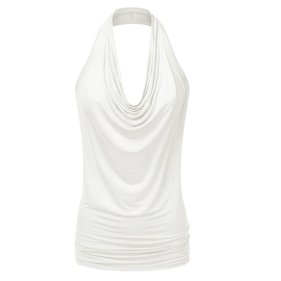 XIAONU Womens Ruched Cowl Neck Halter Sleeveless Camisole Solid Color Stretchy Feminine Evening Party Tops