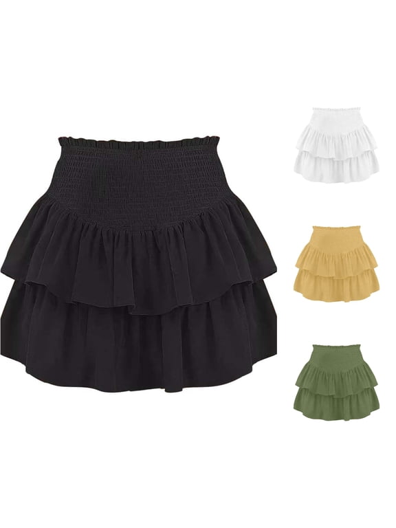 Womens Ruffle Tier Skirt Elastic Waist Short A Line Skater Skirt Casual Bottom Wear