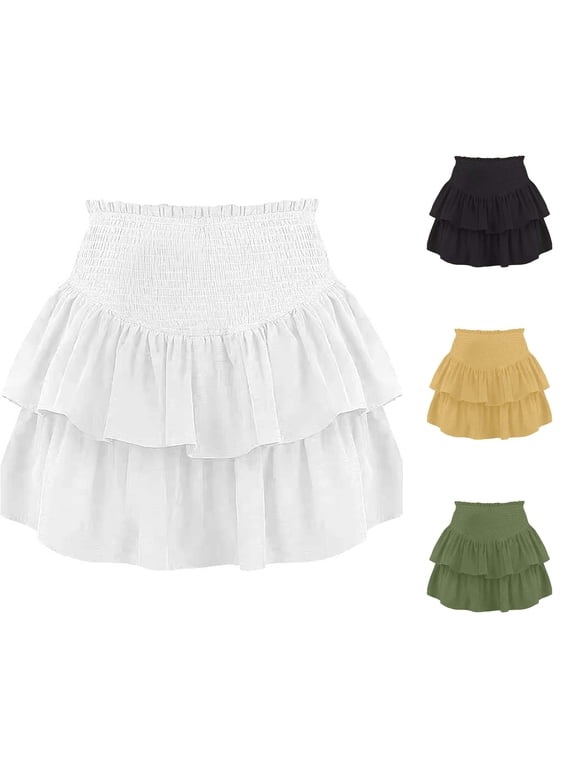 Womens Ruffle Tier Skirt Elastic Waist Short A Line Skater Skirt Casual Bottom Wear