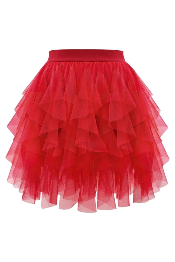 XIAONU Womens Ruffled Tulle Mini Skirt Asymmetrical Tiered Mesh Tutu Edgy Romantic Party Performance Skirt