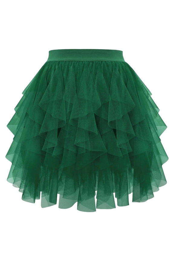 XIAONU Womens Ruffled Tulle Mini Skirt Asymmetrical Tiered Mesh Tutu Edgy Romantic Party Performance Skirt