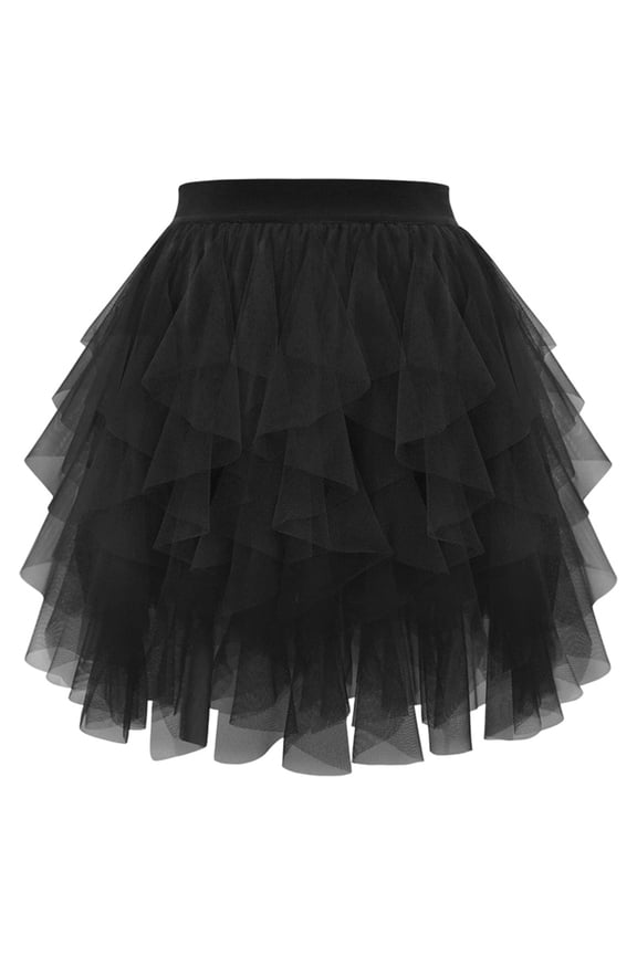 XIAONU Womens Ruffled Tulle Mini Skirt Asymmetrical Tiered Mesh Tutu Edgy Romantic Party Performance Skirt