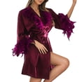 thumbnail image 1 of XIAONU Womens Satin Feather Trimmed Robe Loose Fit Three Quarter Sleeve V Neck Sleepwear Soft Elegant Sleep Robes, 1 of 5