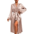 thumbnail image 1 of XIAONU Womens Satin Robe With Lace Trim Belted Wrap Kimono Smooth Elegant Nightwear Cover Up, 1 of 4