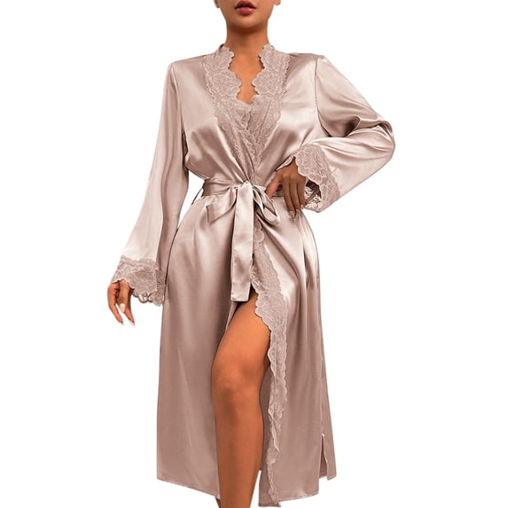 XIAONU Womens Satin Robe With Lace Trim Belted Wrap Kimono Smooth Elegant Nightwear Cover Up