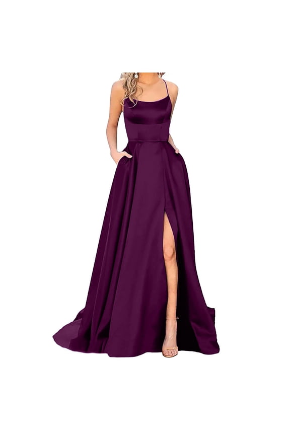 XIAONU Womens Satin Spaghetti Strap A Line Maxi Dress Pockets Split Hem Formal Bridesmaid Prom Gown