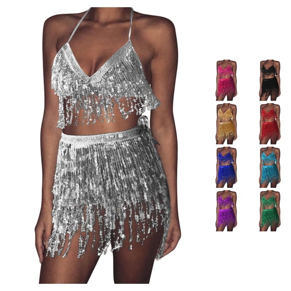 XIAONU Womens Sequin Fringe 2 Piece Outfit Halter Crop Top And Short Skirt Matching Set