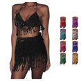 thumbnail image 1 of XIAONU Womens Sequin Fringe 2 Piece Outfit Halter Crop Top And Short Skirt Matching Set, 1 of 3