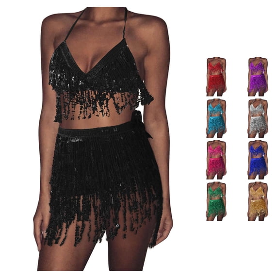 XIAONU Womens Sequin Fringe 2 Piece Outfit Halter Crop Top And Short Skirt Matching Set