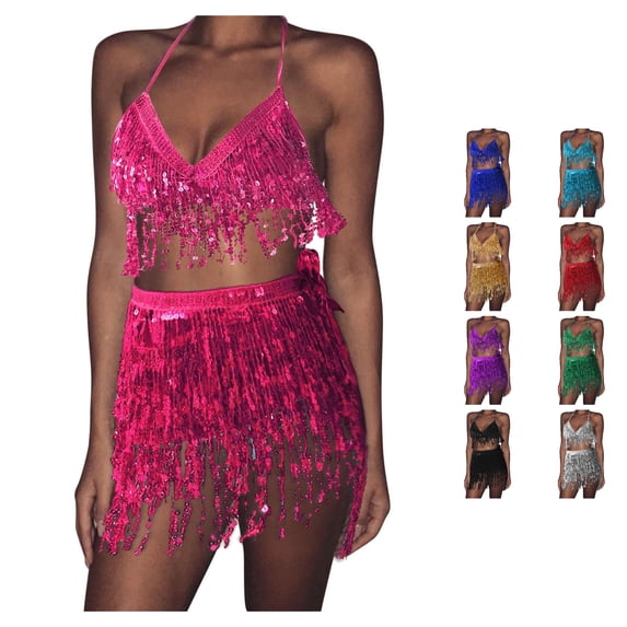 XIAONU Womens Sequin Fringe 2 Piece Outfit Halter Crop Top And Short Skirt Matching Set