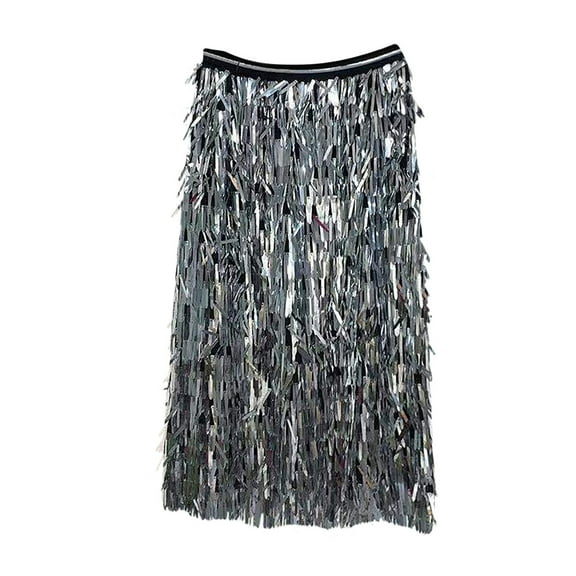 XIAONU Womens Sequin Midi Skirt Shiny High Waist Flowing Tassel Skirts Glamorous Party Long Skirt