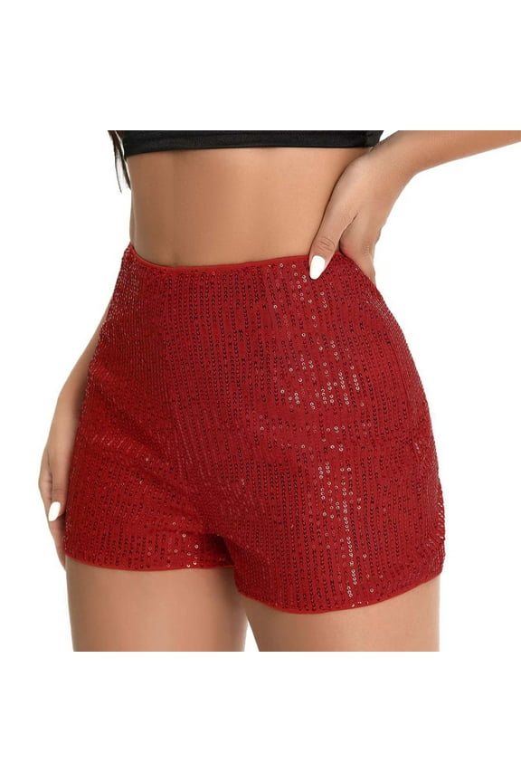 Womens Sequin Shorts High Waist Glitter Bottoms Shiny Festive Party Hotpants Red