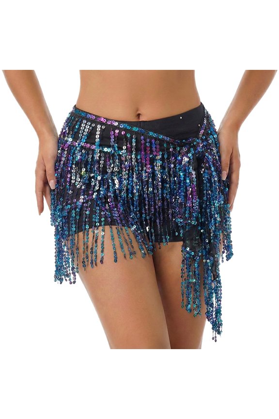 XIAONU Womens Sequin Tassel Skirt Layered Fringe Wrap Hip Scarf Dance Performance Party Belly Dance Skirts