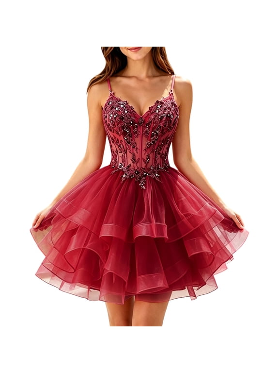 Womens Sequined Lace Tulle Mini Dress Spaghetti Strap Tiered Homecoming Party Prom Dresses