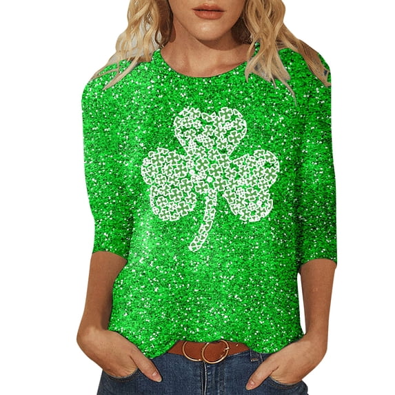 XIAONU Womens Shamrock Print Glitter Blouse 3/4 Sleeve Crew Neck Sequin Top Festive St. Patrick'S Day Party Casual Shirts