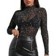 thumbnail image 1 of XIAONU Womens Sheer Glitter Mesh Bodysuit Form Fitting Neck Long Sleeve Star Print Top Party Clubwear Bodysuit, 1 of 5