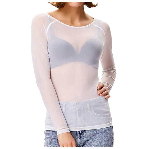 XIAONU Womens Sheer Mesh Tee Long Sleeve Boat Neck Pullover Top Slim Fit Modern Layering Tees