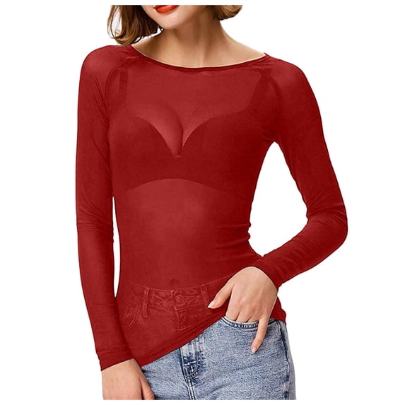 XIAONU Womens Sheer Mesh Tee Long Sleeve Boat Neck Pullover Top Slim Fit Modern Layering Tees