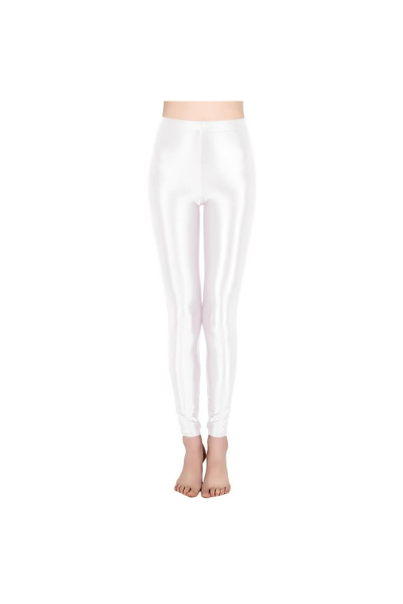 Womens Shiny Leggings High Waist Ankle Length Pants Stretchy Performance Dance Bottoms White