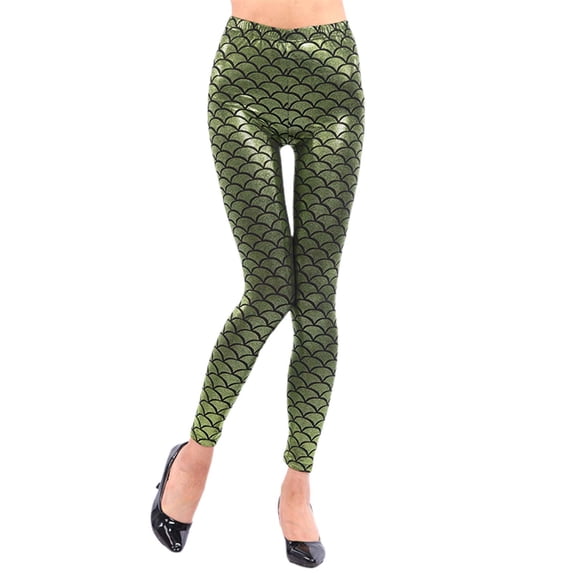 XIAONU Womens Shiny Leggings Slim Fit Scaled Print Legging Stretchy Trendy Festival Bottoms Light Green