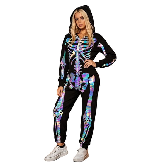 XIAONU Womens Skeleton Jumpsuit Bone Print Hooded Zip Up Long Sleeve Halloween Party Onesie