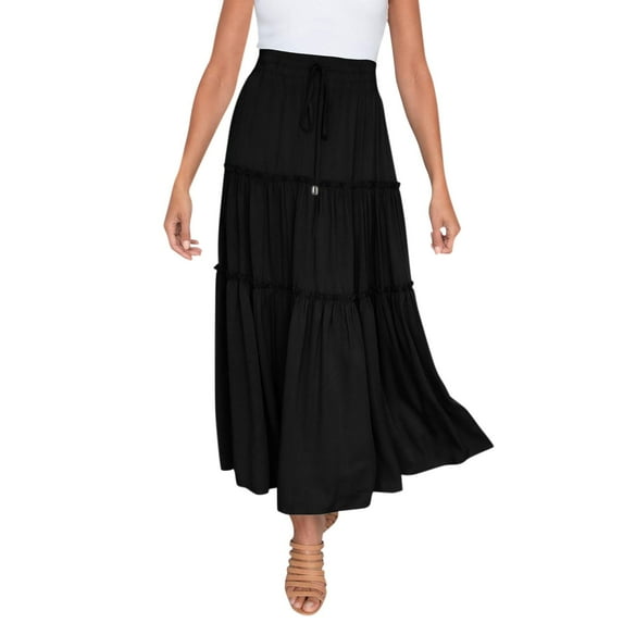 XIAONU Womens Skirts Elastic High Waist Ruffle A Line Swing Long Skirts Solid Color Vintage Bohemian Maxi Skirt