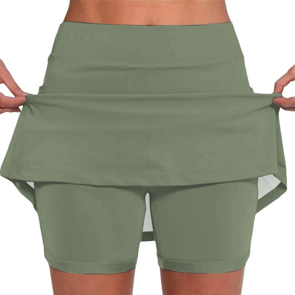 XIAONU Womens Skirts Elastic Solid Color Yoga Skirt Sports High Waisted Casual Fake Two-Piece Set With Pocketed