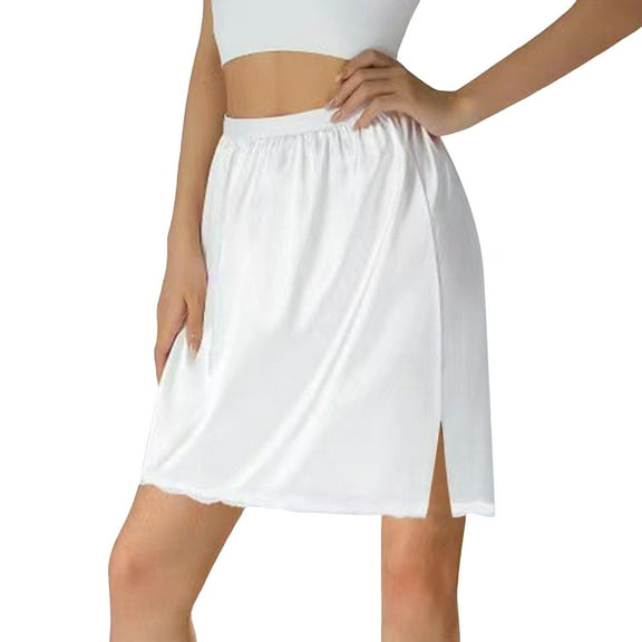 XIAONU Womens Skirts Elastic Waist Lace Hem Half Under Skirts Solid Color Elegant Knee Length Midi Skirt