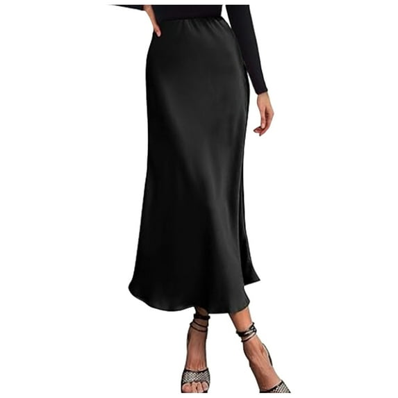 XIAONU Womens Skirts Elegant High Waist Solid Color Satin Skirt Elastic Waist Casual Skirt Work Office Formal Wear