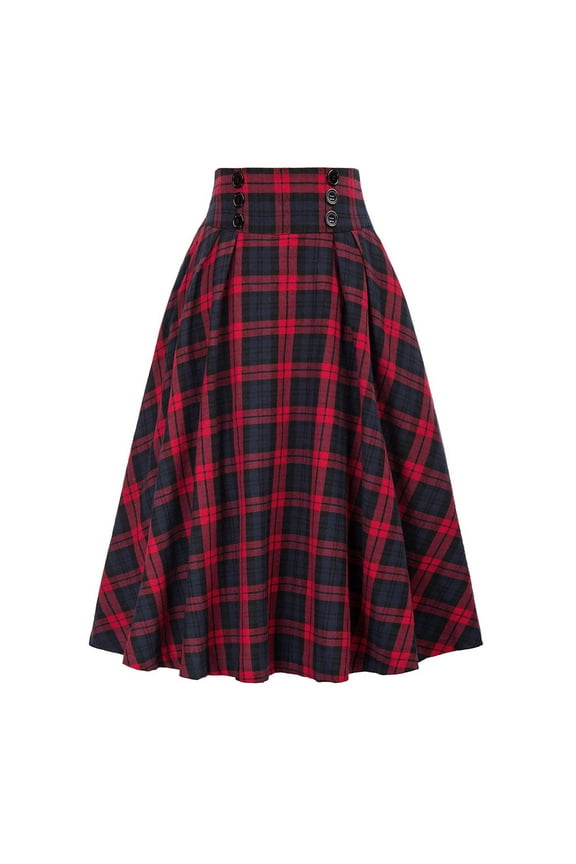 Womens Skirts Plaid Print Retro High Waist Pleated Skirt With Pockets Slim Fit A Line Trendy Dress For Ladies