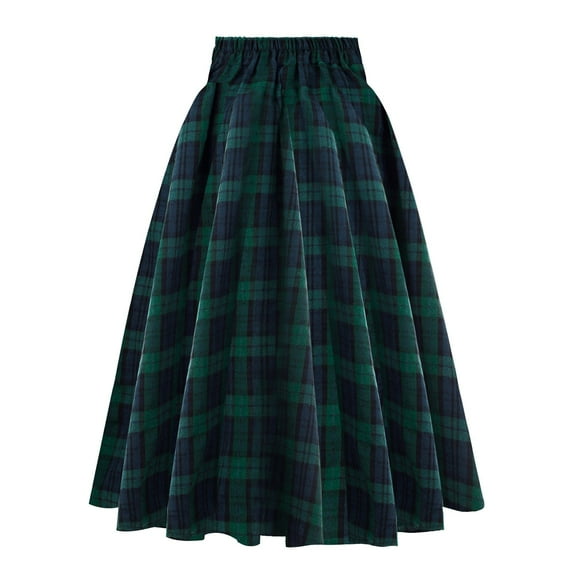 XIAONU Womens Skirts Plaid Print Retro High Waist Pleated Skirt With Pockets Slim Fit A Line Trendy Dress For Ladies