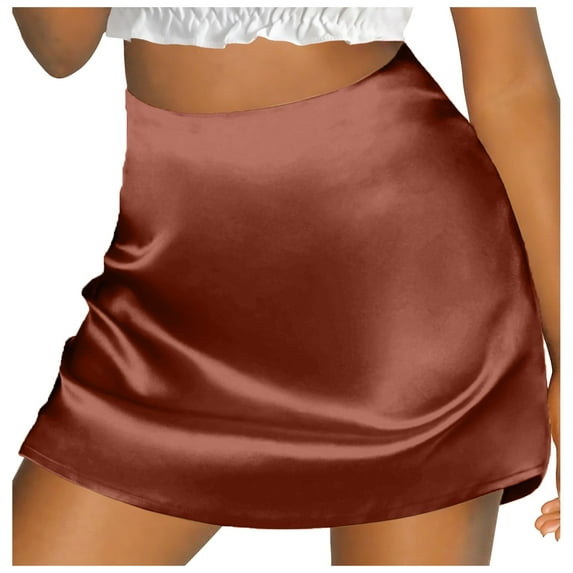 XIAONU Womens Skirts Solid Color Mini A Line Half Skirt Elastic High Waist Zipper Satin Ribbon Lined Short Skirt