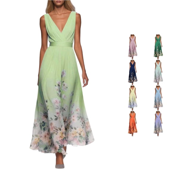 XIAONU Womens Sleeveless V Neck Floral Print Maxi Dress Flowing Floor‑Length Gown