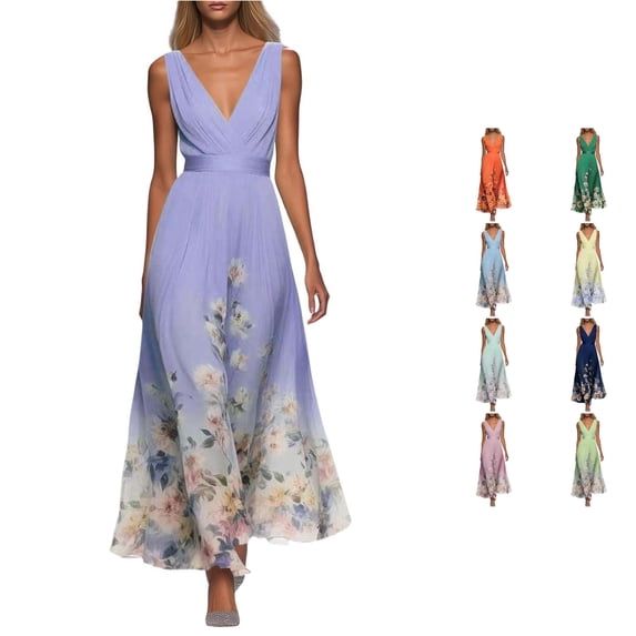 XIAONU Womens Sleeveless V Neck Floral Print Maxi Dress Flowing Floor‑Length Gown