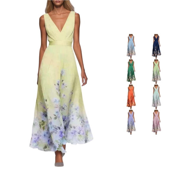 XIAONU Womens Sleeveless V Neck Floral Print Maxi Dress Flowing Floor‑Length Gown