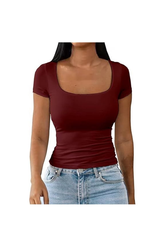 Womens Slim Fit Tee Short Sleeve Square Neck Solid Color Top Lightweight Casual Daily Wear T Shirts