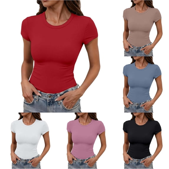 XIAONU Womens Slim Fitting Basic Tee Round Neck Short Sleeve Street Daily Shirts