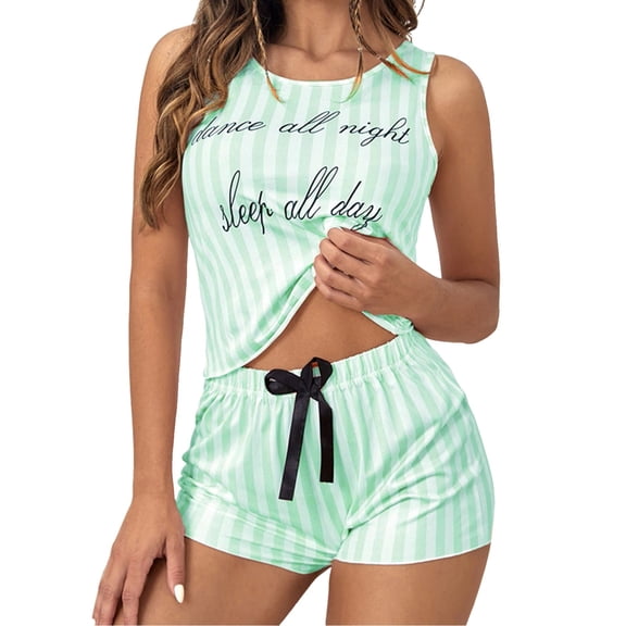 XIAONU Womens Slogan Print Cami Short Set Striped Bow Tie Soft Stretchy Sleepwear Fun Loungewear