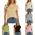 thumbnail image 1 of XIAONU Womens Slub Knit Short Sleeve Tee Roll Hem Street Daily Shirts, 1 of 4