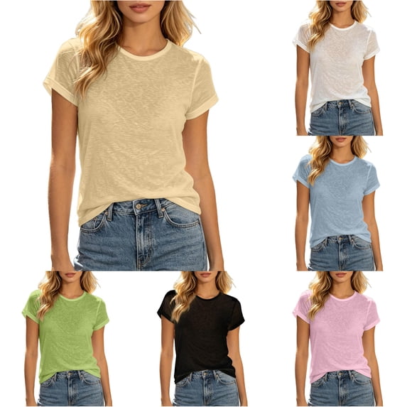 XIAONU Womens Slub Knit Short Sleeve Tee Roll Hem Street Daily Shirts