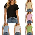 thumbnail image 1 of XIAONU Womens Slub Knit Short Sleeve Tee Roll Hem Street Daily Shirts, 1 of 4